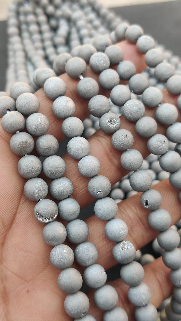 Matte Finish Natural Gray Druzy Agate Beads, 6mm 8mm 10mm Size Beads, Smooth Round Beads, 14-15.5 inch Strand Beads.