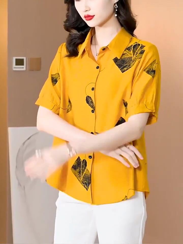 Spring and Summer Wide Lady's Shirt Printed Top Popular Retro Fashion Short-sleeved Women's Shirt Trend