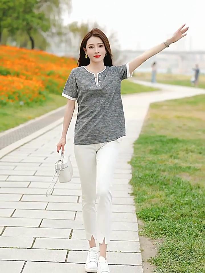 Contrast Color Casual Short-sleeved T-shirt for Women Summer New Style Western Style Shirt Large Size Loose Top