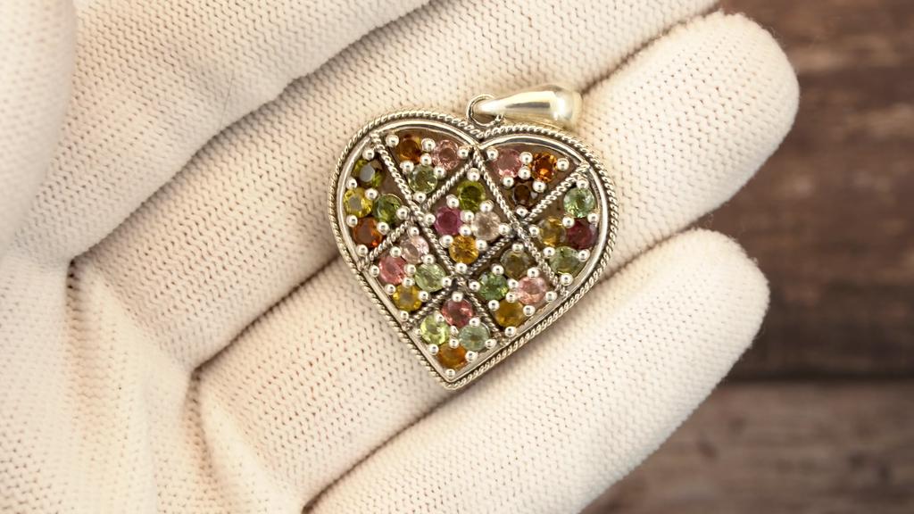 925 Sterling Silver Multi Tourmaline Heart Charm Pendant for Her