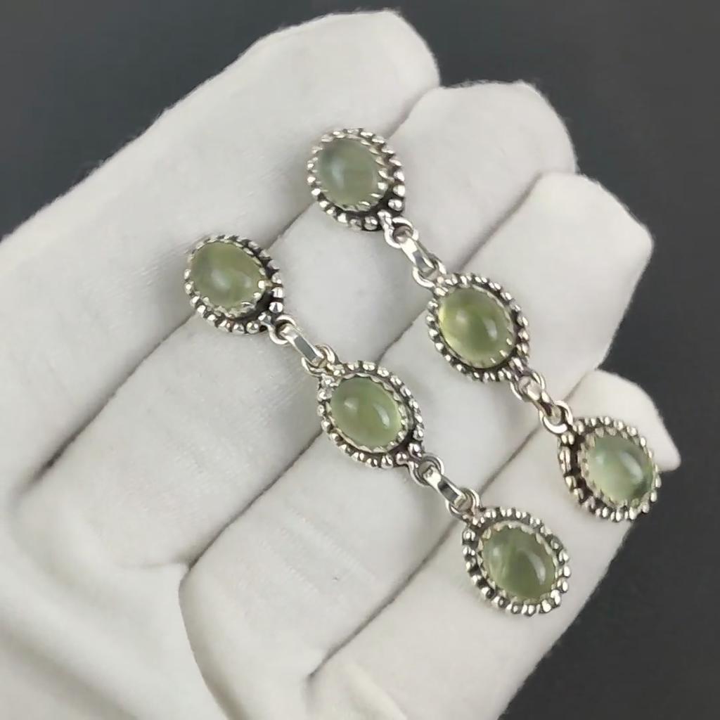 Náušnice z přírodního prehnitu, náušnice ze sterlingového stříbra 925, ručně vyráběné boho stříbrné visací náušnice, dárek na párty