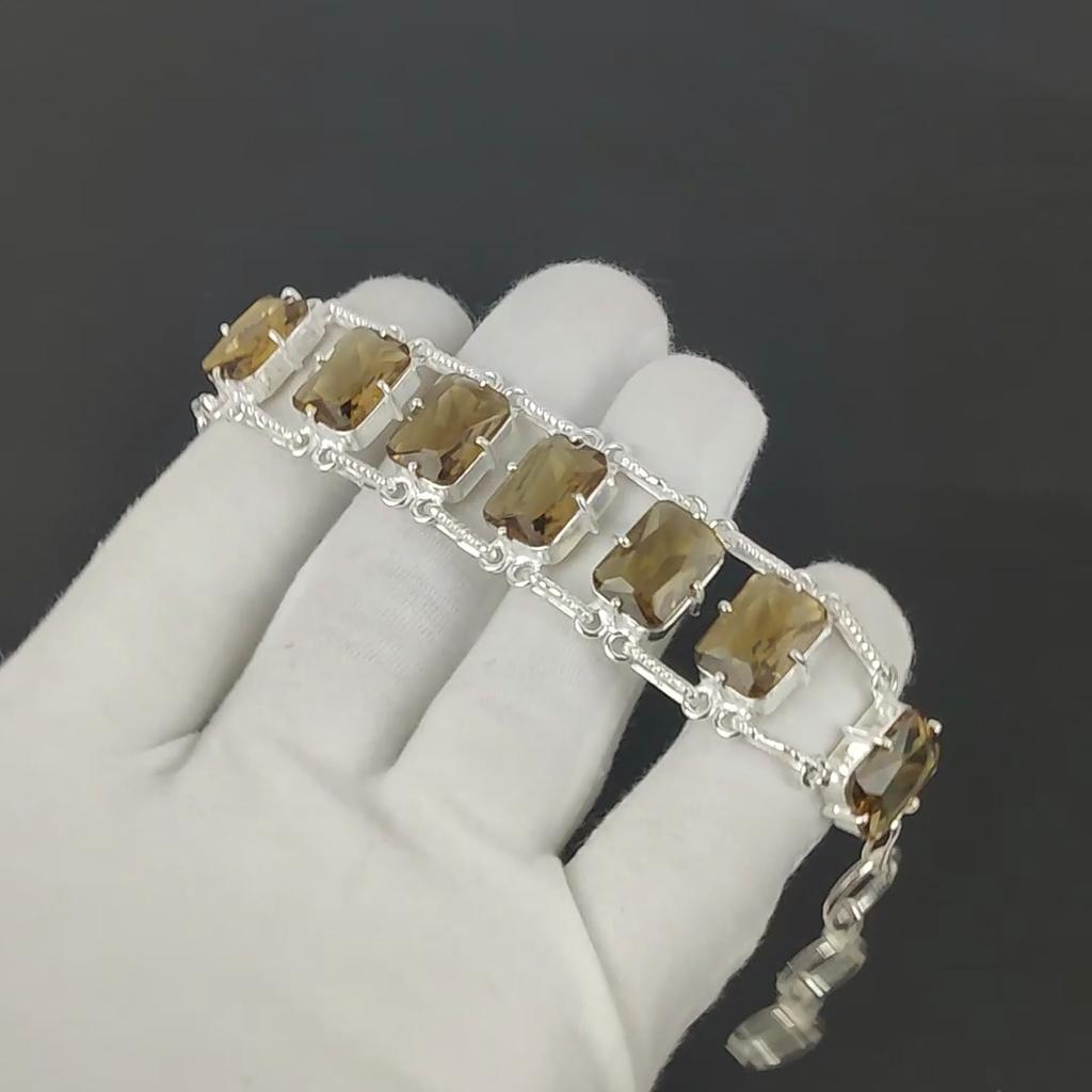 Faceted Smoky Quartz Bracelet 925 Sterling Silver Jewelry Adjustable Chain Bracelet Cushion Shape Gemstone Handmade Jewelry Gift For Her