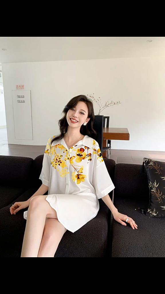 Ropa de Dormir Cómoda de Verano para Mujer Botones Delanteros Seda de Hielo Ropa para el Hogar Suelta Casual Estampada para Descansar