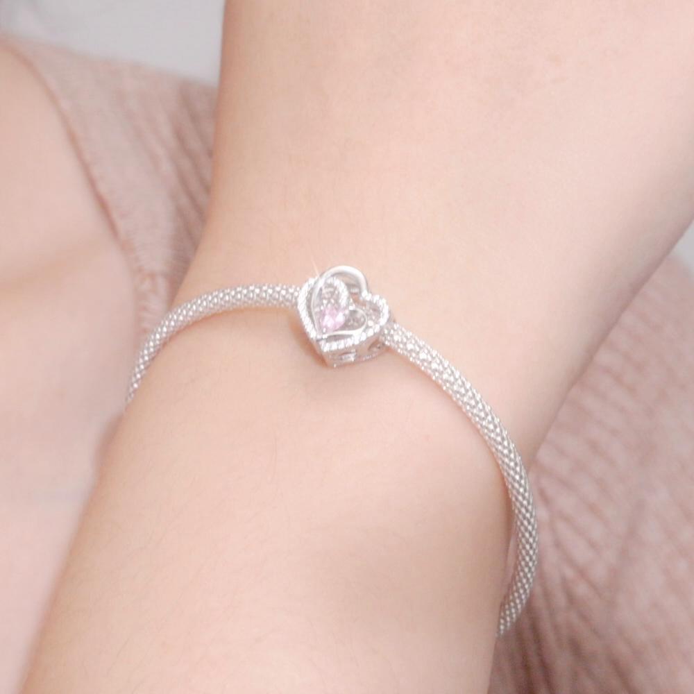 BAMOER 925 Sterling Silver Pink CZ Geometric Hollow Heart to Heart Bead for Women Original Bracelet and Bangle Jewelry