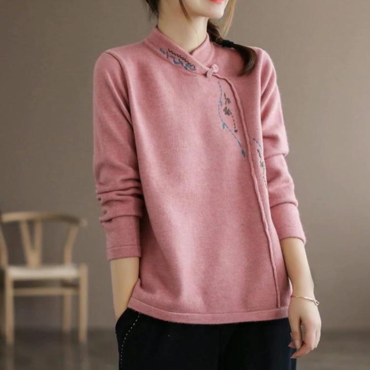 Ženy Vintage čínský etnický styl výšivka Elegantní tlusté tričko Podzim Zima Móda Stojánek Pulovr s dlouhým rukávem