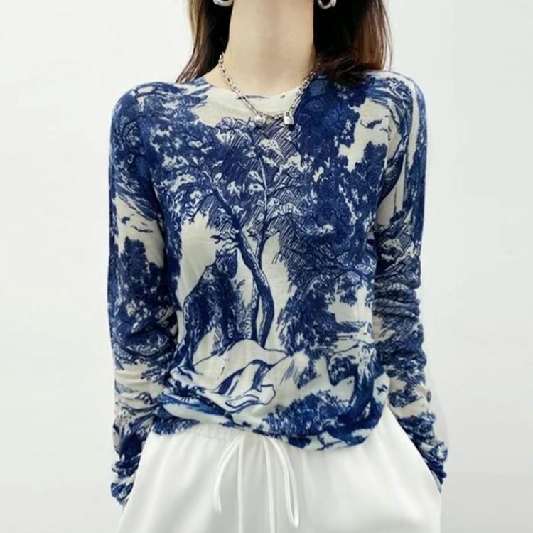 Women's Korean Fashion Vintage Print Elegant Knitted Sweater Harajuku Casual Chic Long Sleeve Knitwear Slim Basic Pullover Tops