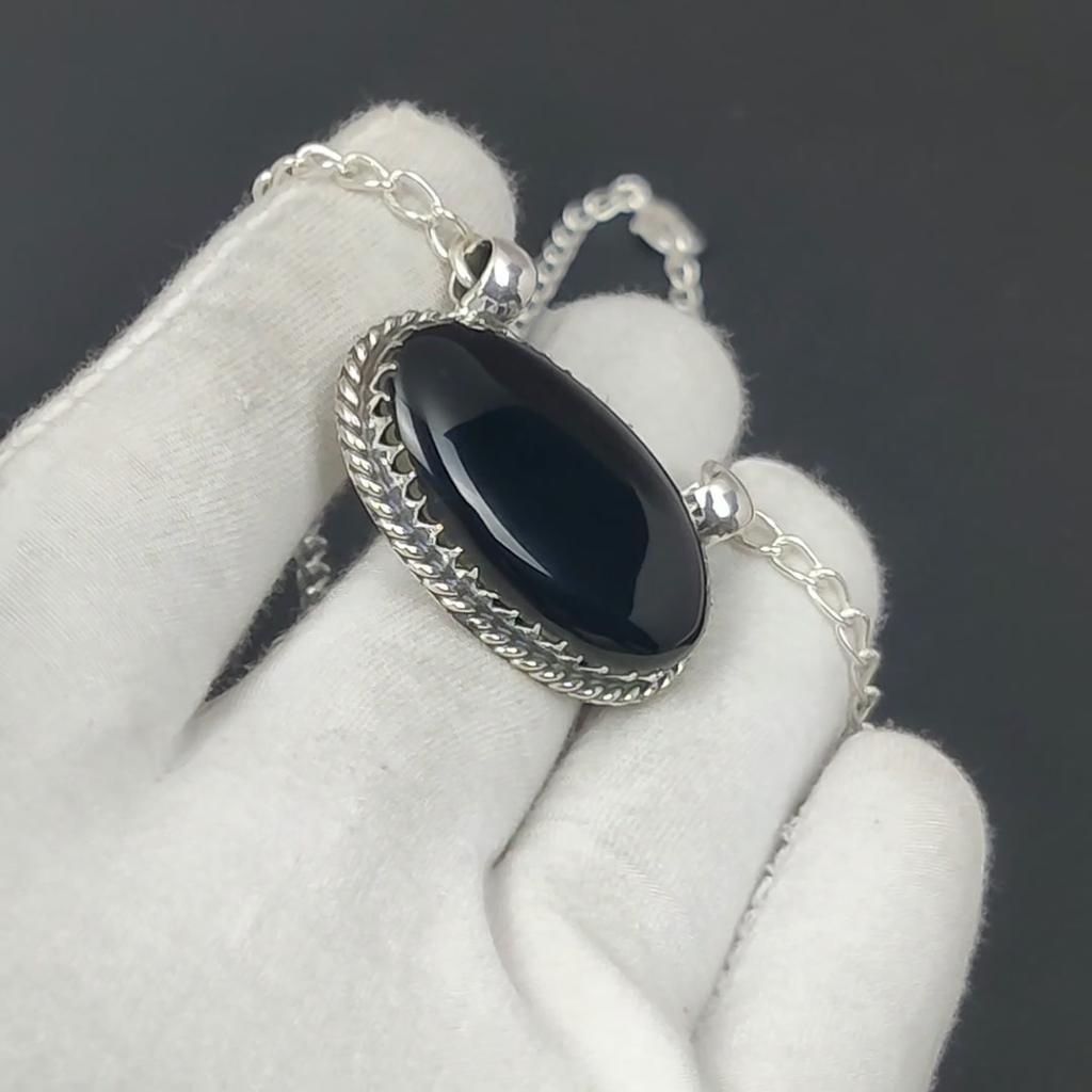 Kamień Czarny Onyks Ręcznie Robiony Naszyjnik ze Srebra Próby 925 Naturalny Czarny Onyks Ręcznie Robiona Biżuteria Naszyjnik Dla Kobiet Naszyjnik Dla Niej