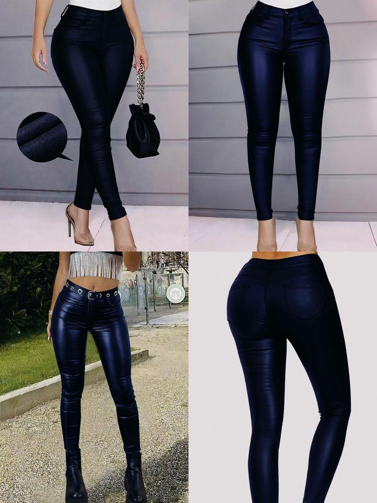 Rose Beauty A Winter Warm Women Pants High Waist Thermal Lined PU Leather Skinny Cropped Trousers