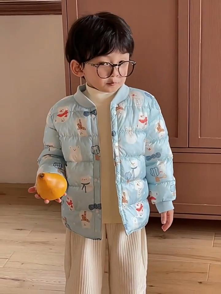 Boy's Warm Cotton-padded Clothes Foreign Style Winter Baby Boy Thickened Short Cotton-padded V-neck Jacket Children's Autumn Cute Cartoon Print Coats