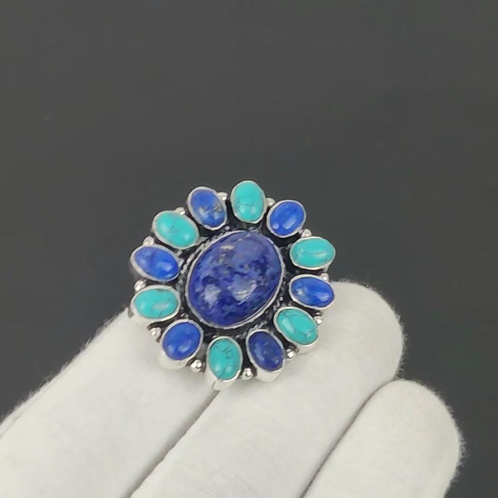 Turquoise, Lapis Lazuli Gemstone Ring, 925 Sterling Silver Ring, Gift For Her, Oval Stone ,Elegant Handmade Ring, Lapis Lazuli Flower Silver Ring
