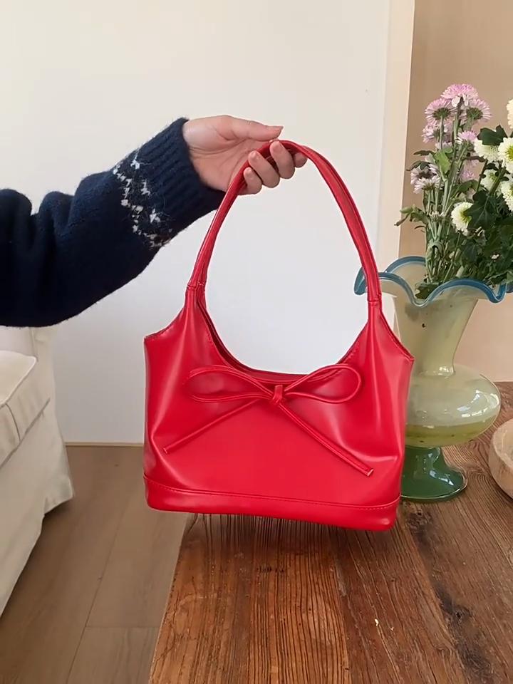 Elegant Women's Red Bow Underarm Bag Solid Pu Leather Casual Handle Bags Large Capacity Female All-matched String Shoudler Pack