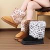 Leopard Print Long Haired High Top Boots for Winter Women, Thick Soled Anti Slip Warm Cotton Slippers, Home Cotton Shoes
