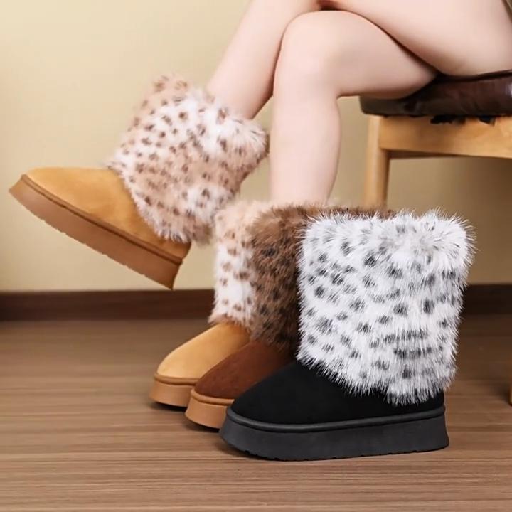 Leopard Print Long Haired High Top Boots for Winter Women, Thick Soled Anti Slip Warm Cotton Slippers, Home Cotton Shoes