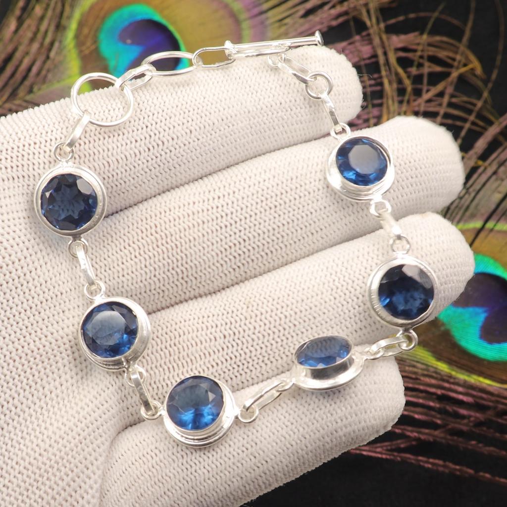 Naturlig London Blue Topaz Edelsten 925 Sterlingsølv Smykker Håndlaget Armbånd RB-13-5