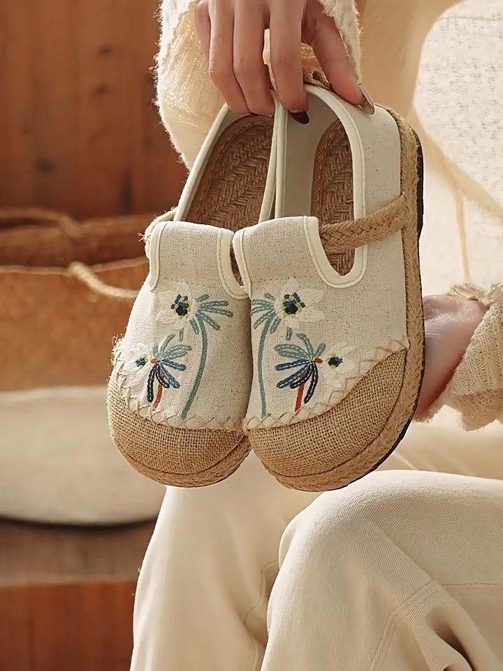 Johnature Etnisk stil broderte tøysko retro håndlagde bomulls- og linsko til dame