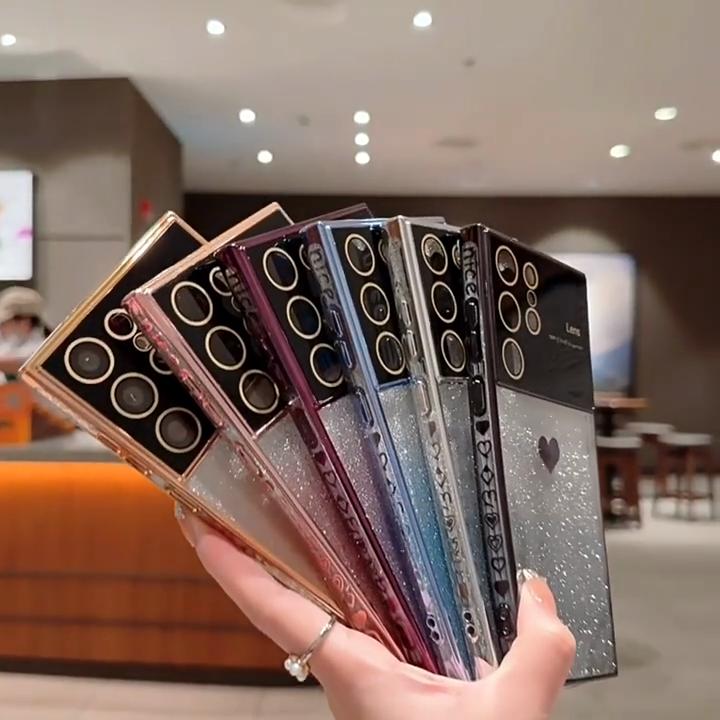 Luxury Love Logo Lens Film Glitter Electroplated Mobile Phone Case for Samsung S23 22 21 Ultra Plus S20 FE A54 53 52 A14 A23 Fall Protection Cases