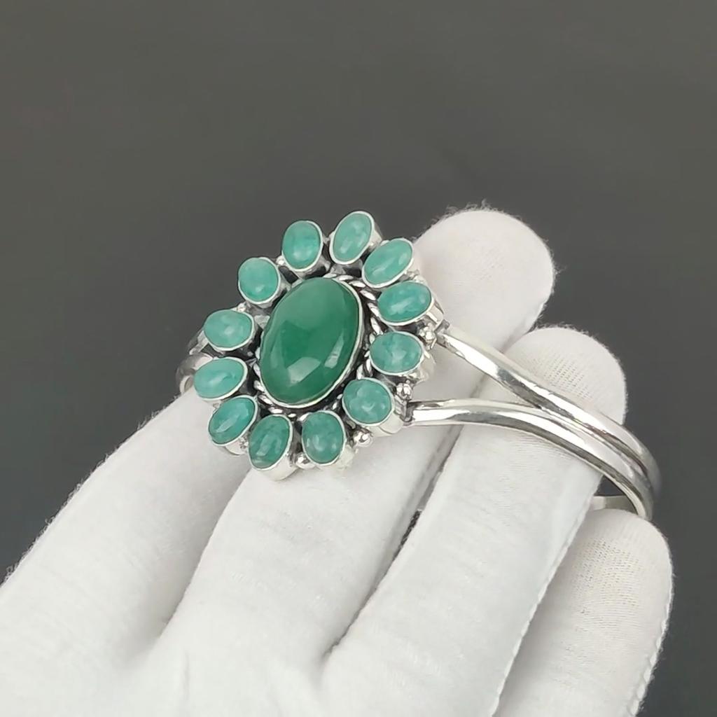 Grüner Onyx Edelstein Handgefertigter Armreif 925 Sterlingsilber Armreif, Grüner Onyx Blumenform Armband für Ehefrau, Unisex Armreif, Liebesgeschenk