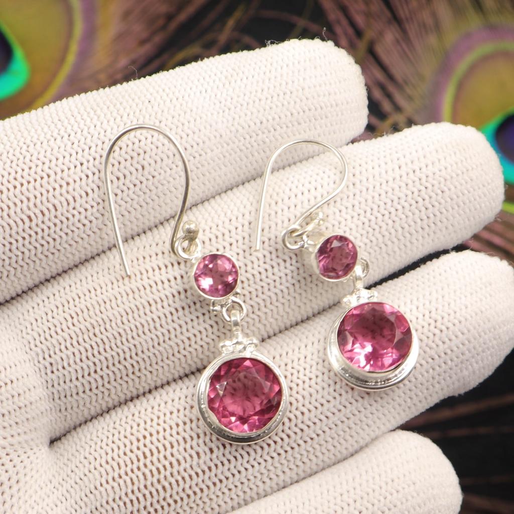 Pink Tourmaline Gemstone 925 Sterling Silver Handmade Jewelry Bridal Earrings EE-160-11
