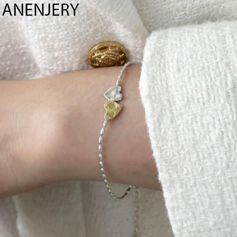 ANENJERY Golden Silver Color Love Heart Small Rice Grain Chain Bracelet for Women Versatile Accessories pulseras mujer