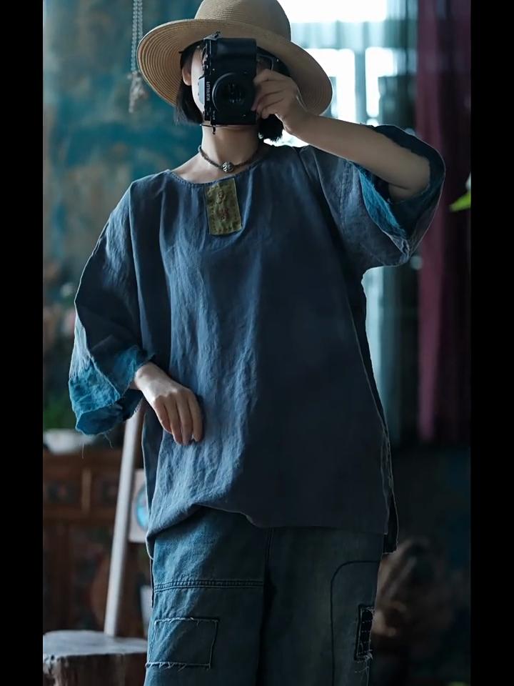 Johnature Women Vintage Blue T-Shirts Patchwork Embroidery Spring Long Sleeve O-Neck Loose T-Shirts