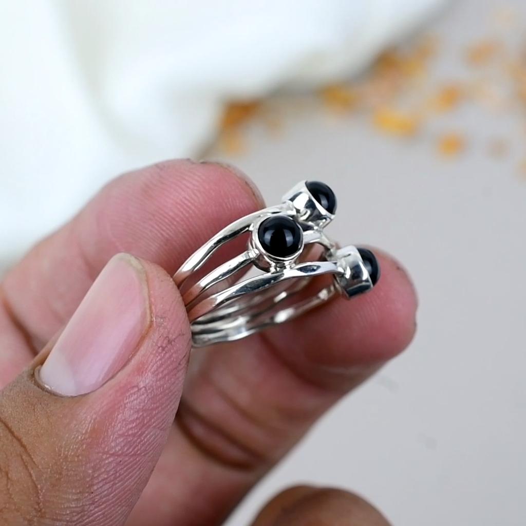 925 Sterling Silver Black Onyx Gemstone Round  Shape Ring For Women