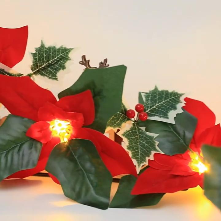 2M 10LED/3.5M 10LED Christmas Poinsettia Garland Poinsettia Velvet Artificial Poinsettia Garland String Lights for Christmas Tree Decor