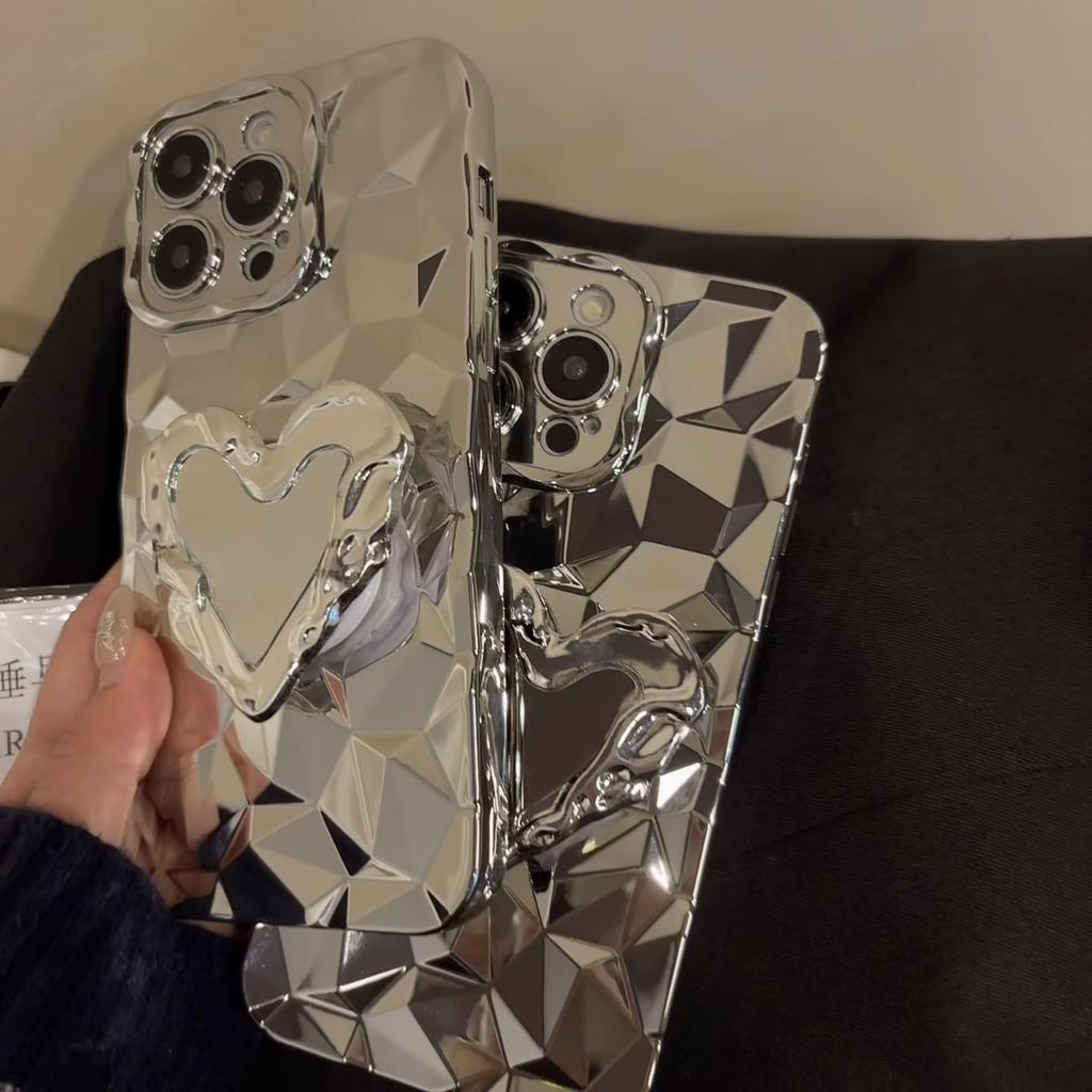 Luxury 3D Diamond-patterned Plated Love Stand Case for iPhone 15 Pro Max 14 Plus 13 12 11 7 8Plus SE 2020 All-inclusive Fall Protection Cover