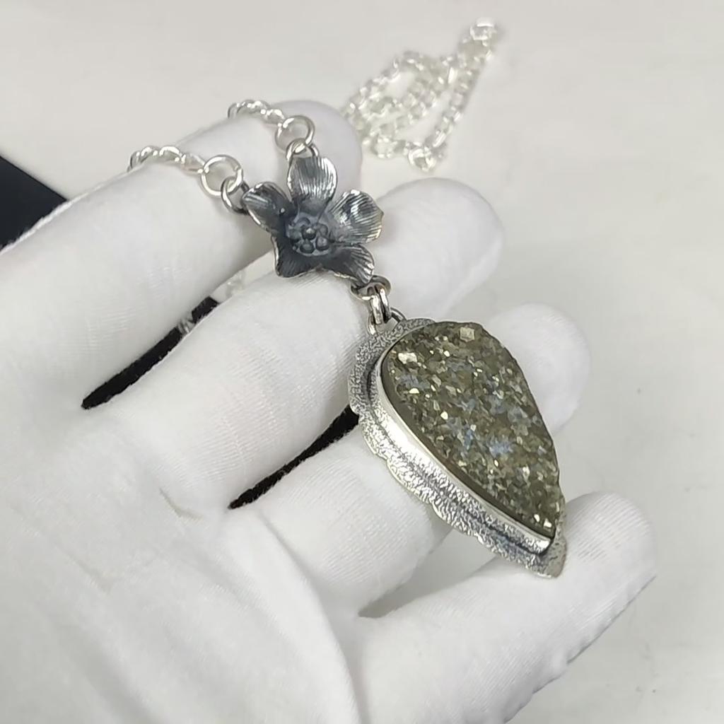 Natural Pyrite Druzy Gemstone Handmade 925 Sterling Silver Electroform Flower Necklace, Pyrite Druzy Silver For Wife Unisex Pendant Birthday Gifts