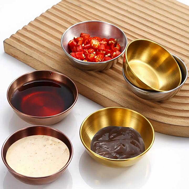 4pcs Gold Color Stainless Steel Sauce Dishes – Appetizer & Spice Serving Set, Condiment Trays for Kitchen & Table