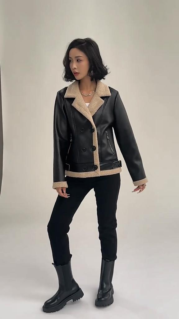 Women's Fleece Leather Jacket Thick Warm Flocked Leather Coat Turn-Down Collar PU Leather Jacket