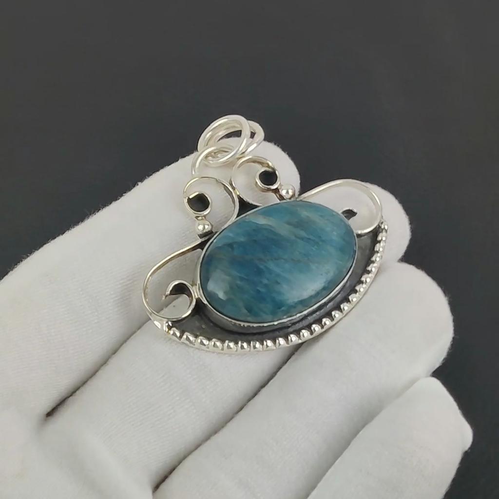 Natural Blue Apatite Gemstone Silver Pendant In 925 Sterling Silver - Handmade Design, Everyday Wear Jewelry Anniversary Gift