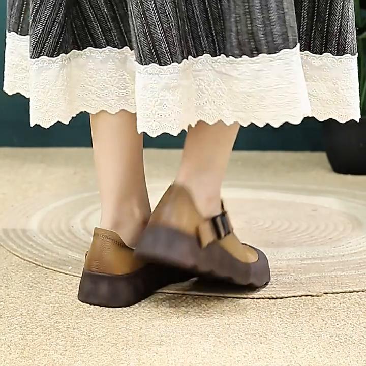 Johnature Retro Soft Leather Thick Soled Shoes Buckle Casual And Comfortable Women's Flat Platform Shoes
