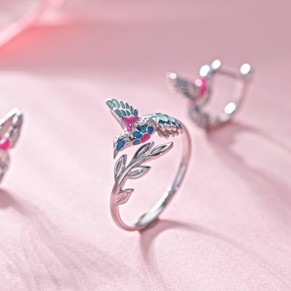 Inel de deschidere Kingfisher din argint Sterling 925 BAMOER Inel reglabil cu pasăre emailat colorat pentru femei, cadou de bijuterii fine de petrecere