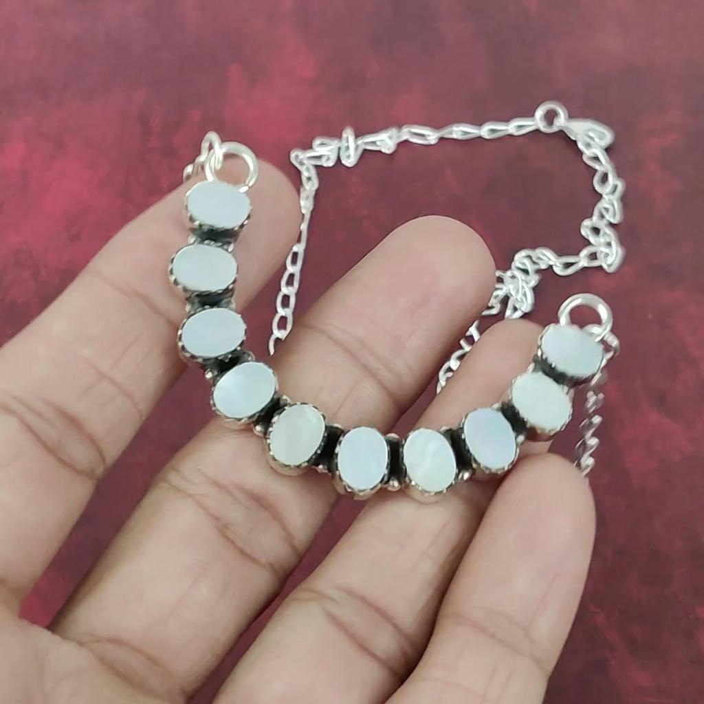 Mother Of Pearl Handmade Gemstone Necklace, 925 Solid Sterling Silver Necklace Antique Jewelry, Gift For Love