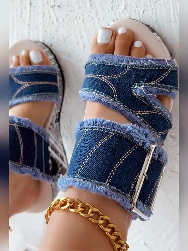 Summer Denim Open-Toe 1 Pair Trendy Wedge Sandals - Crisscross Strap Design, Adjustable Buckle Closure, Frayed Edges - Casual Sandals for Summer