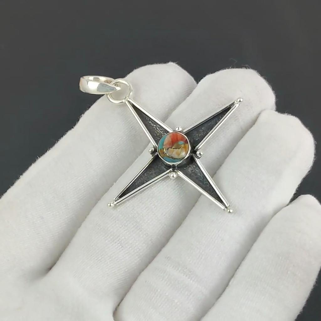 Orange Spiny Oyster Gemstone Silver Pendant In 925 Sterling Silver - Handmade Star Design, Everyday Wear Jewelry, Unique Designs Pendant