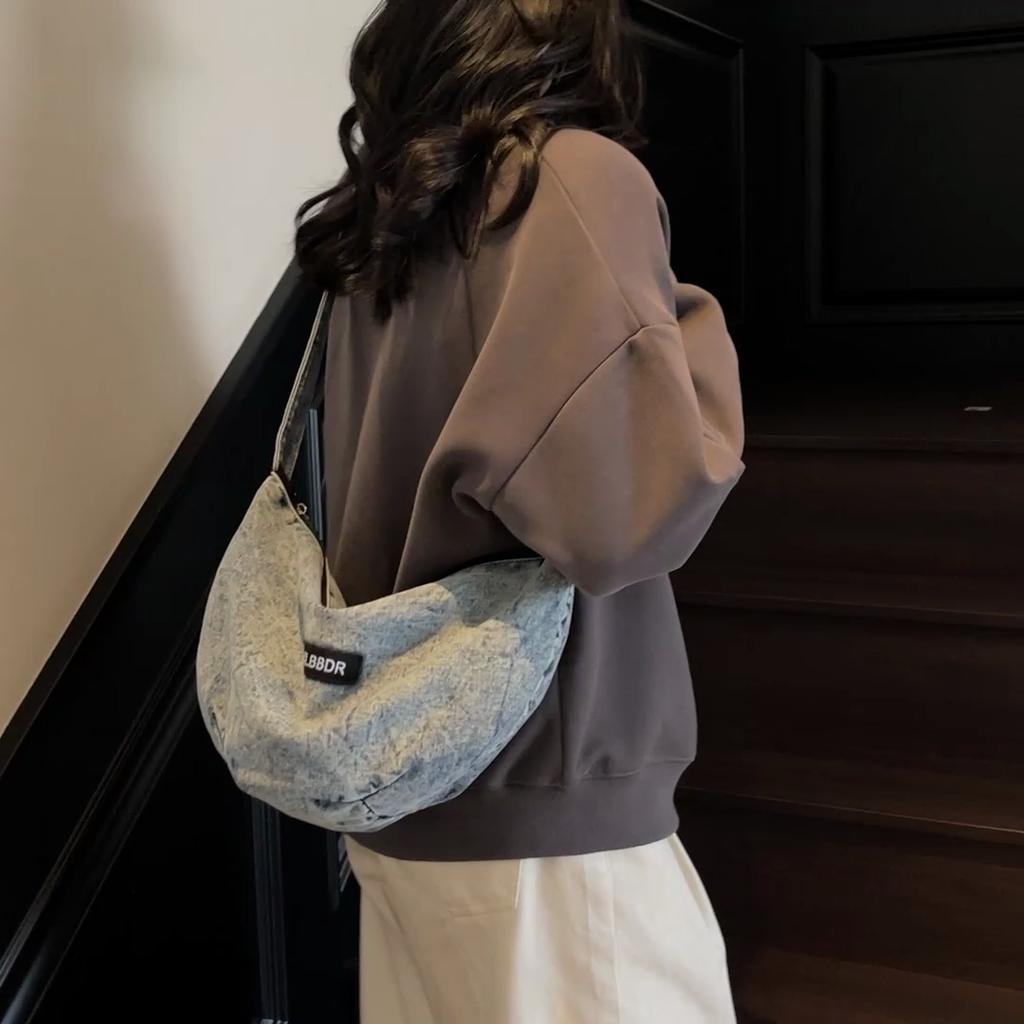 Women's Solid Color Shoulder Bag Large Capacity Denim Crossbody Bag