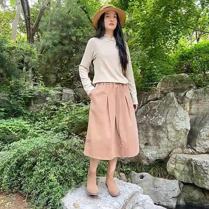 Johnature Women Vintage Solid Color Skirts Elastic Waist Autumn Pockets Casual Soft A-Line Skirts