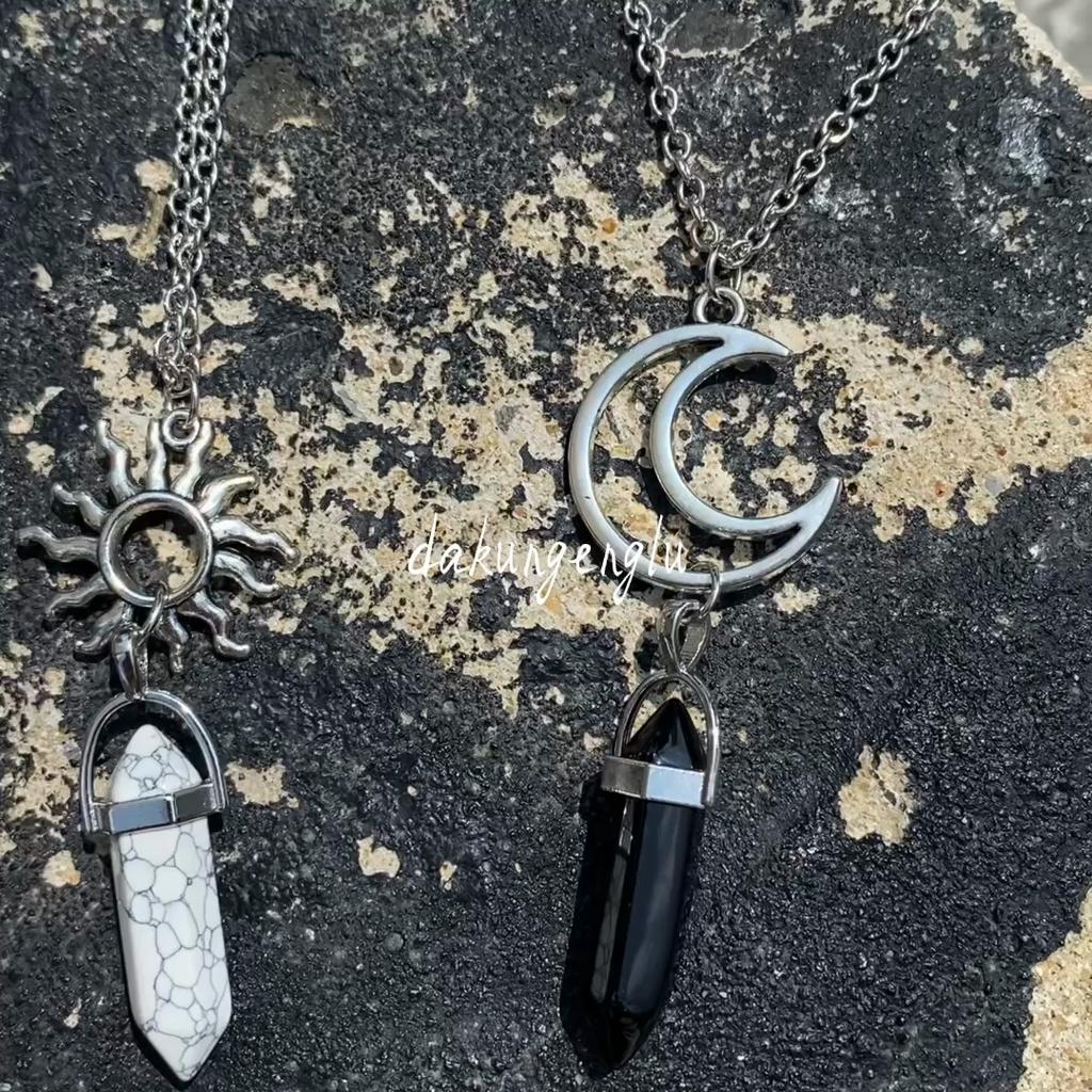 2Pcs Couples Retro Sun Moon Natural Stone Hexagonal Column Crystal Couple Jewelry Necklace