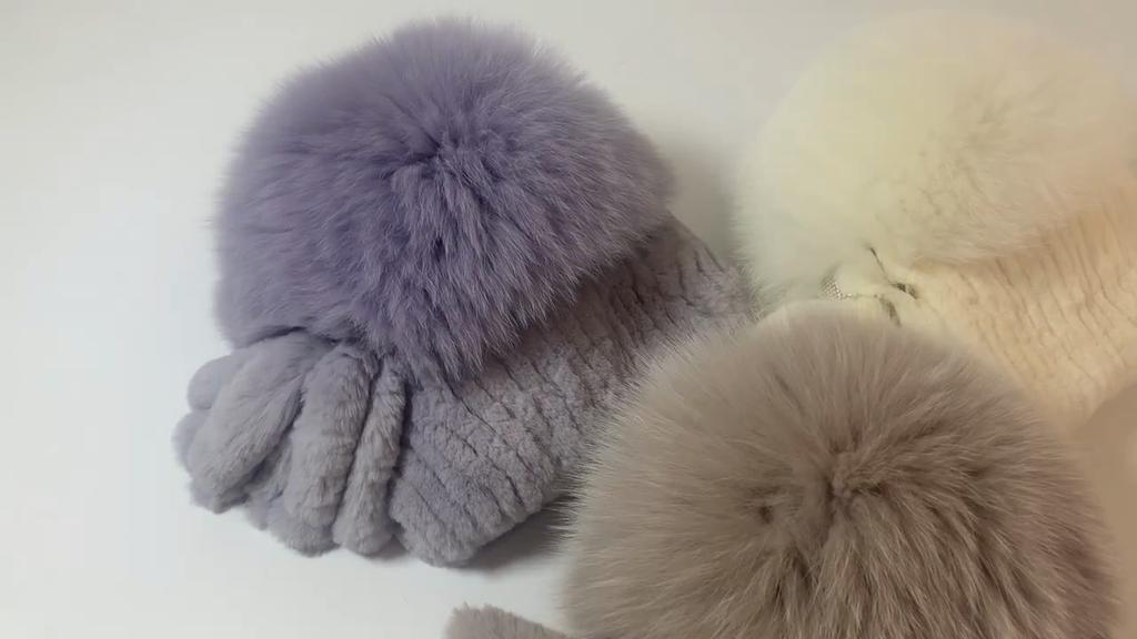 Winter Knitted Real Fox Fur Hat With Tail Women Warm Soft Real Rex Rabbit Fur Hats Natural Luxury Quality Genuine Fur Caps