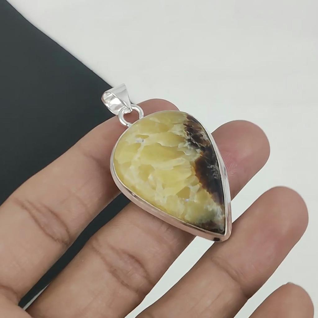 Natural Septarian Gemstone Silver Pendant in 925 Sterling Silver- Handmade Pear Design, Everyday Wear Jewelry Father's Day Gift