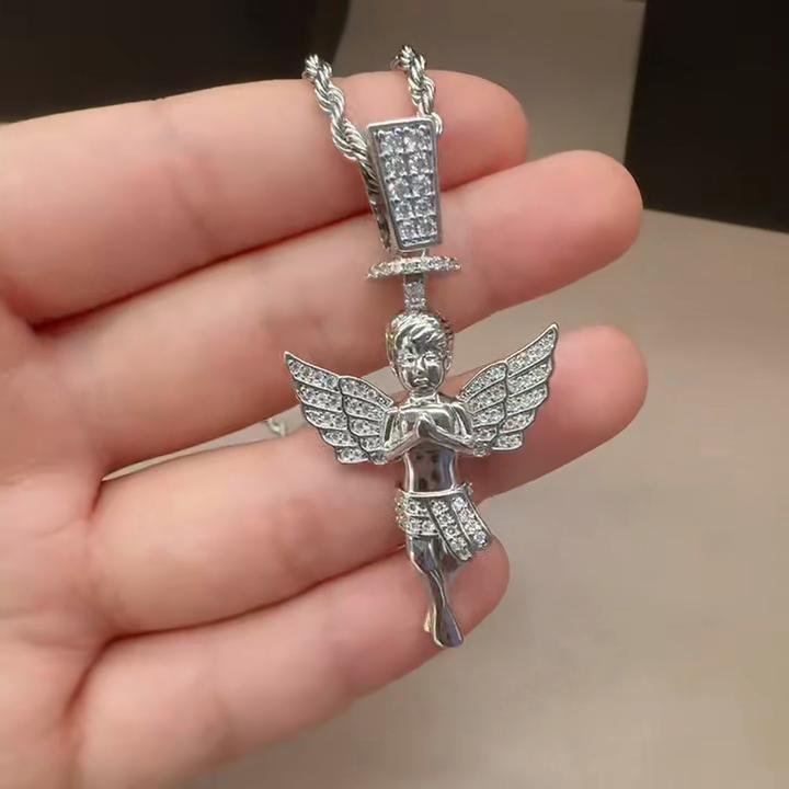 Halo Angel Boy Pendant Necklace With Wings Hip Hop Moissanite Jewelry D VVS1 Fine Jewelry For Men Women