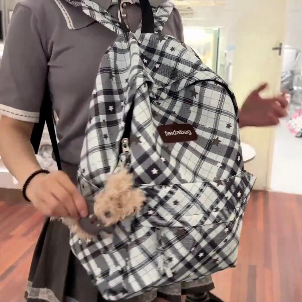 Schulrucksack für Studenten Damen Retro Karomuster Große Kapazität Reiserucksack