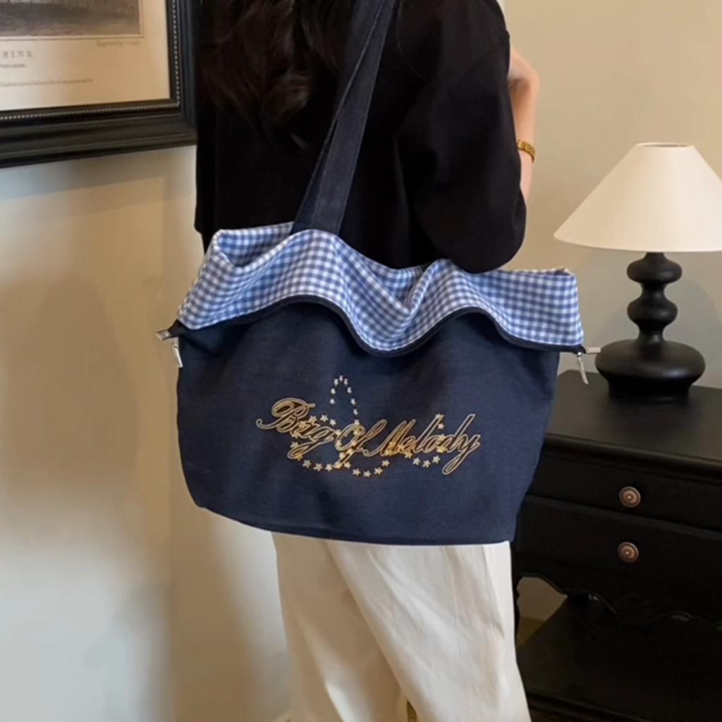 Women's Double-Sided Denim Bag Plaid Shoulder Tote Bag