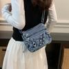 Washed Denim Crossbody Bag for Women Multi-Zipper Star Stud Casual Small Shoulder Purse