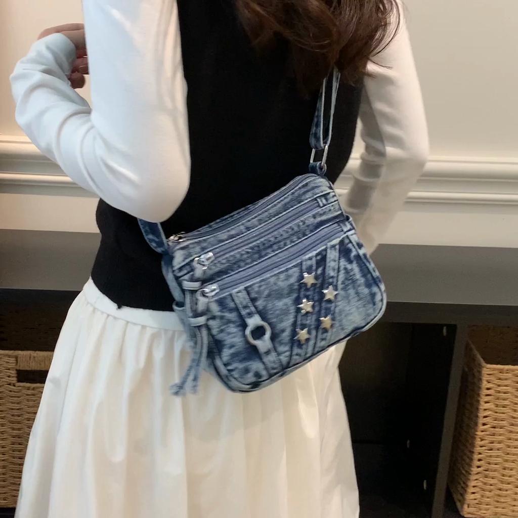 Washed Denim Crossbody Bag for Women Multi-Zipper Star Stud Casual Small Shoulder Purse