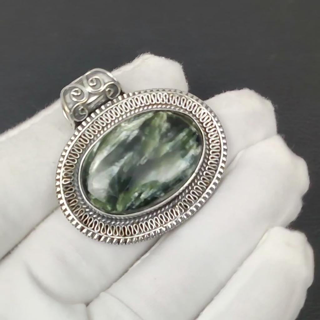 Natural Seraphinite Gemstone Silver Pendant In 925 Sterling Silver- Handmade Design, Everyday Wear Jewelry, Antique Pendant Gifts For Her