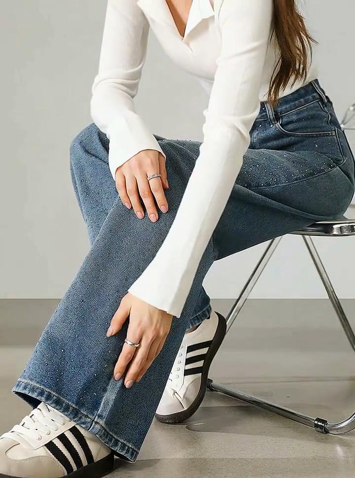 TonLion Autumn Winter Women's Loose Sequin Decorated Wide-Leg Denim Pants