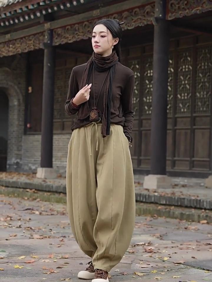 Johnature Women Vintage Bloomers Pants Solid Color Loose Trousers Winter Elastic Waist Chinese Style Pants