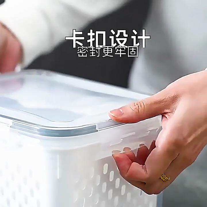 Refrigerator Fruit Vegetable Drain Storage Box, Airtight Lidded Plastic Fresh-Keeping Container, Freezer & Kitchen Food Organizer Bin